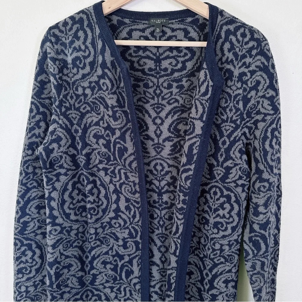 Talbots Open Front Cashmere Blend Navy Jacquard Cardigan - Picture 6 of 16